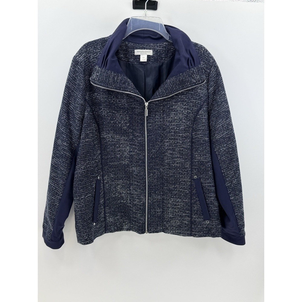 CHRISTOPHER & BANKS WOMENS NAVY & SILVER TWEED KNIT ZIP FRONT JACKET SIZE PXL